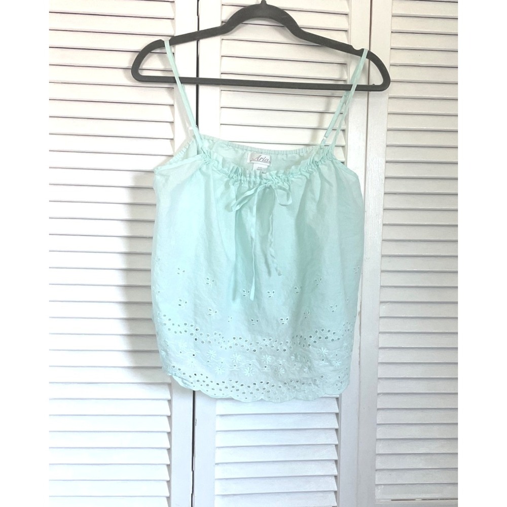 Aria Womens Camisole Large Tank Top Mint Green Eyelet Cotton Dainty Feminine